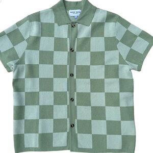 Checkered Knit Jacquard Short Sleeve Button Up - Green